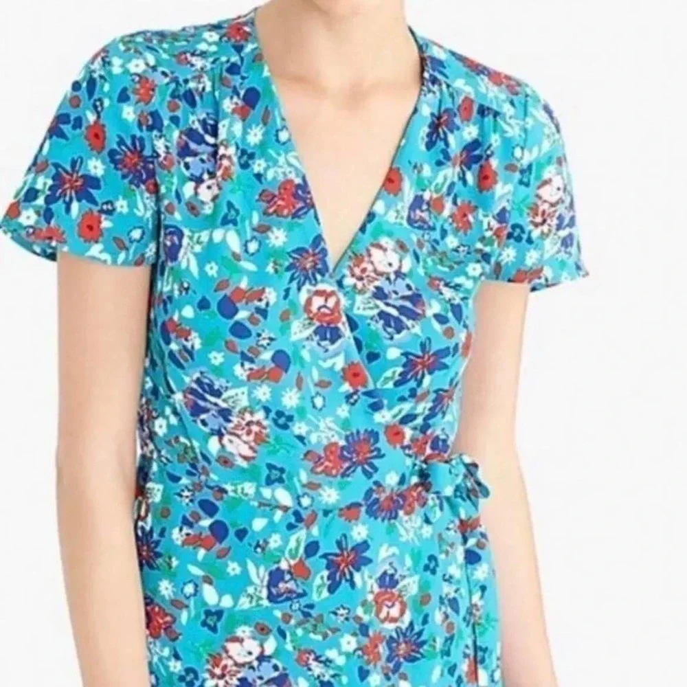 🍀J Crew Teal Floral Flutter Sleeve Wrap Dress Women’s Size 4